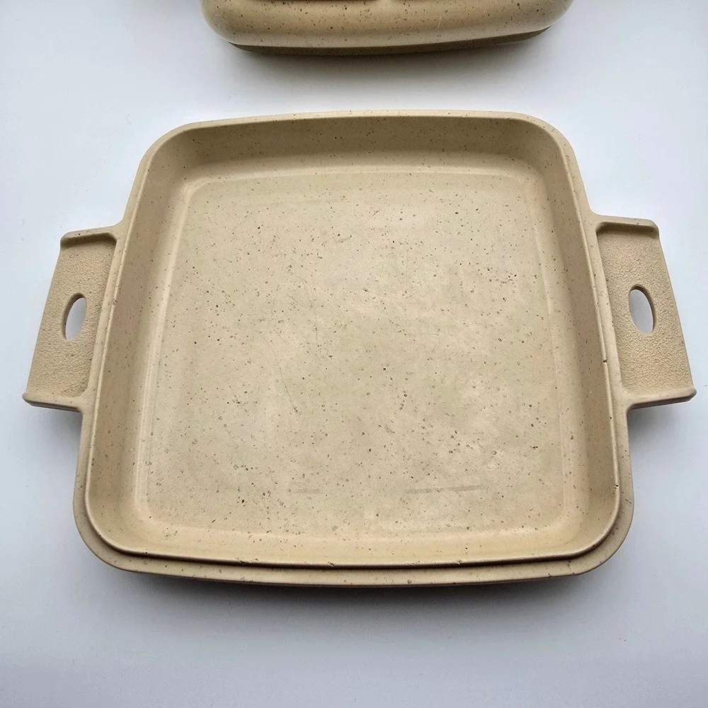 LittonWare Casserole Dish w/ Lid Tan Speckled Square Vintage Oven Microwave Safe